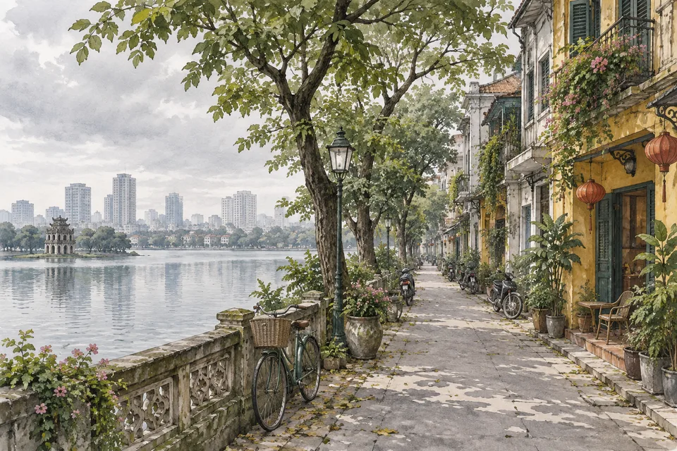 ハノイの湖畔と街路の住宅を描いたイラスト