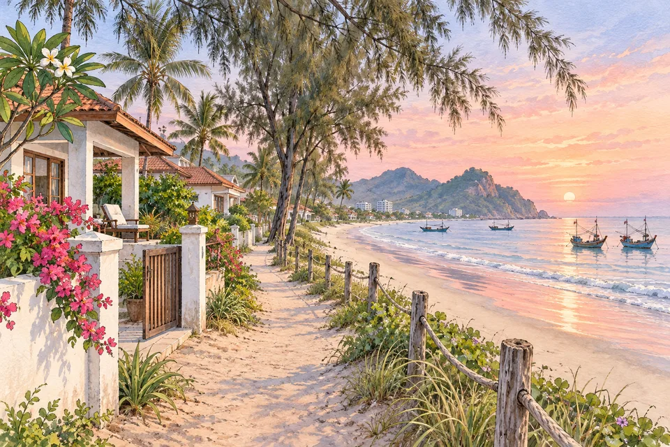 ホアヒンの海岸と低層住宅を描いたイラスト