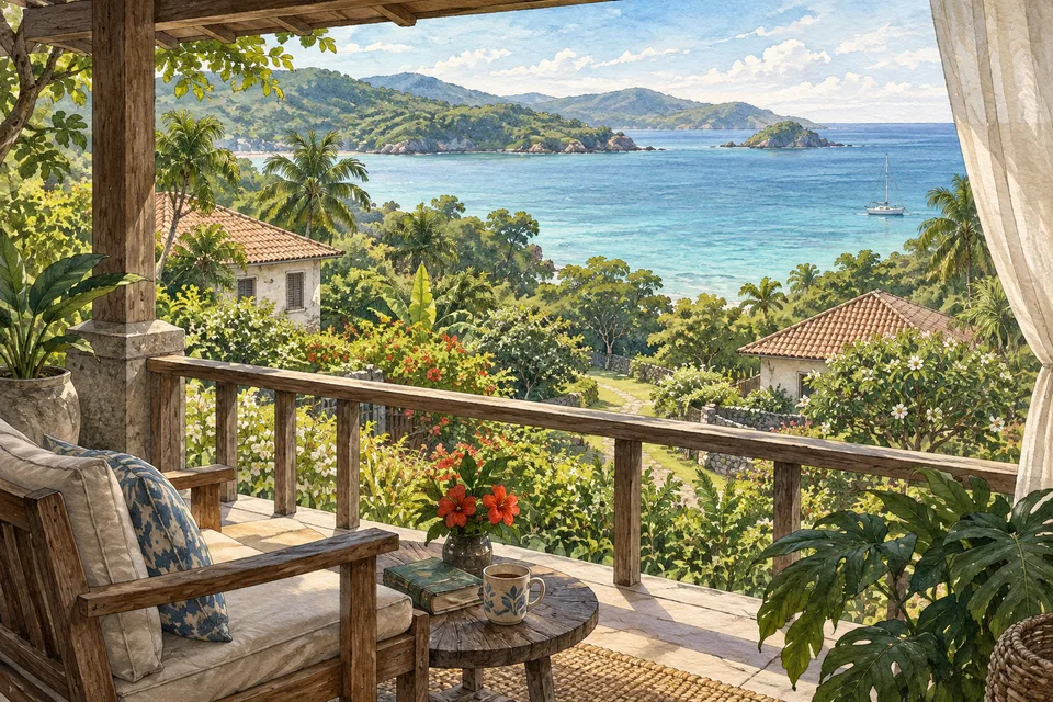 緑に囲まれた島の住宅とベランダから海を望むイラスト