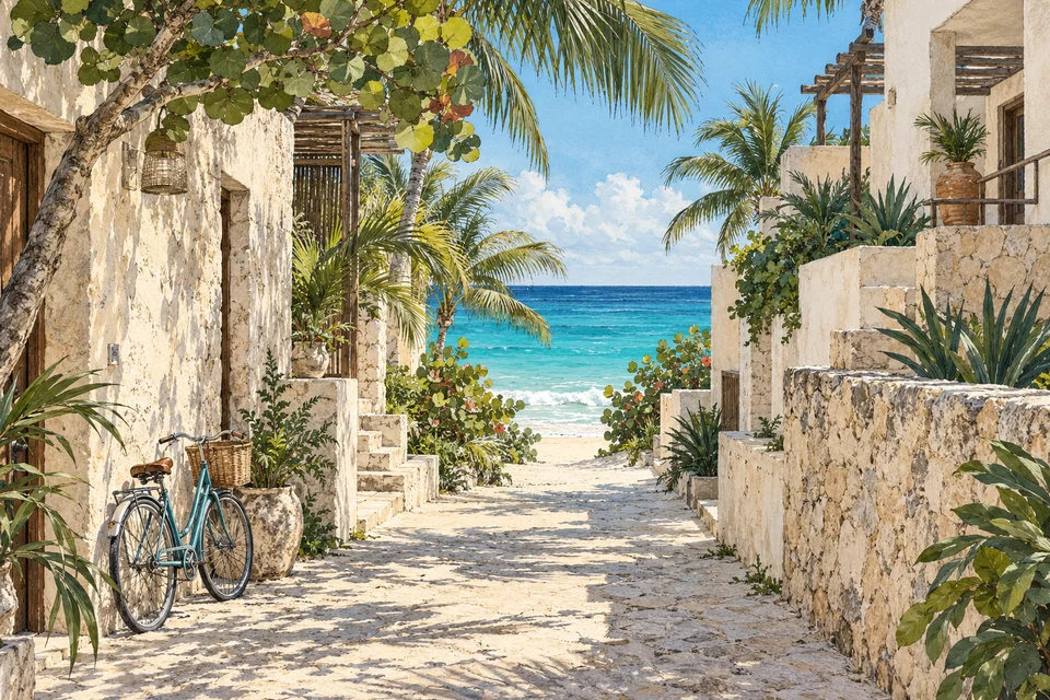 リビエラ・マヤの海辺の住宅と白い路地を描いた水彩イラスト