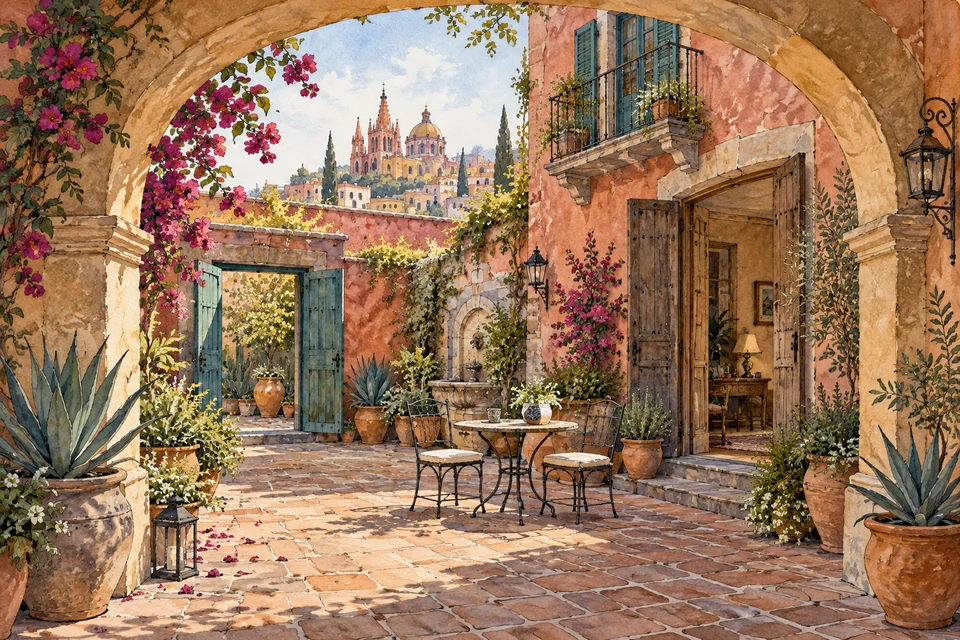 メキシコ内陸都市の色壁の住宅と中庭を描いた水彩イラスト