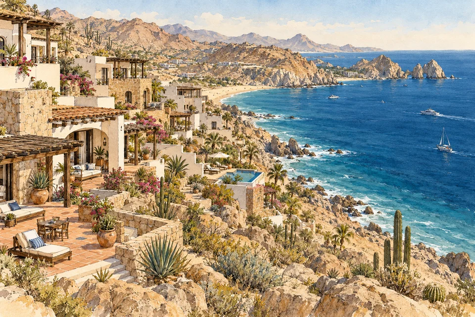 ロスカボスをイメージした乾いた丘陵と湾沿いの住宅を描いた水彩イラスト
