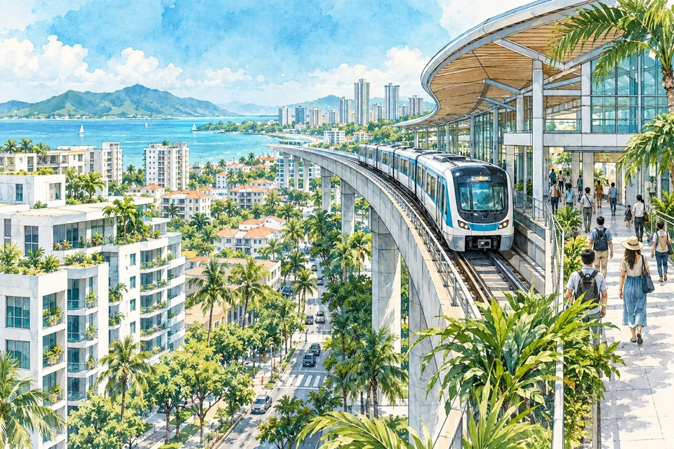 都市鉄道の駅と周辺の集合住宅を描いたイラスト