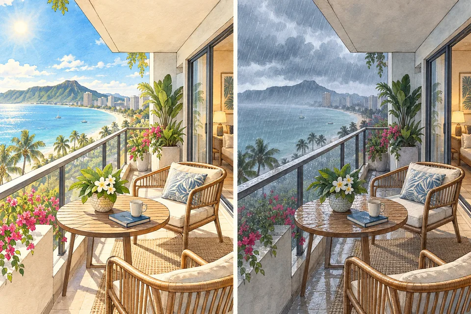 晴天と雨天で変わるリゾートの景観を対比したイラスト